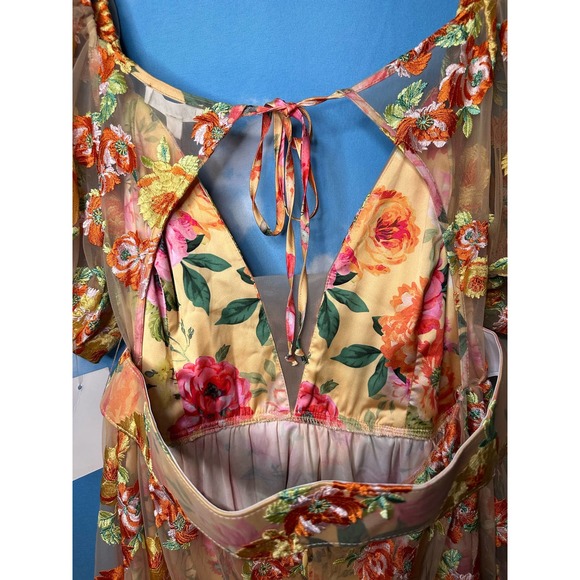 For Love & Lemons Floral Mini Dress Large Golden Yellow Plunge Short Sleeve Nwt - Picture 14 of 15